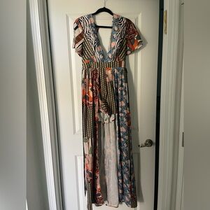 Boho Mixed-Print Romper in Blue, Peach & Rust